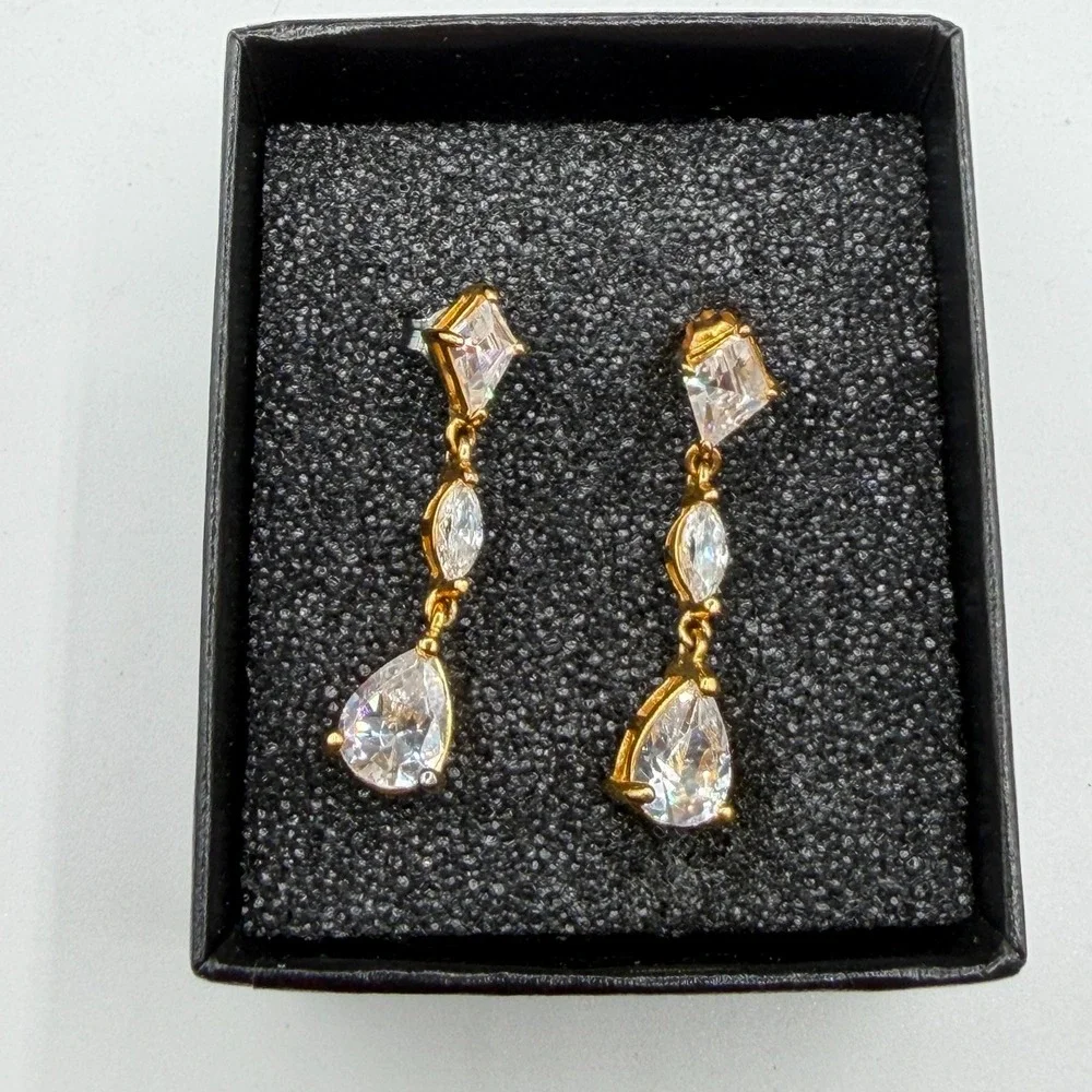 Gold Tone Clear Crystal CZ Long Drop Dangle Earrings Pear Marquise Kite Pierced